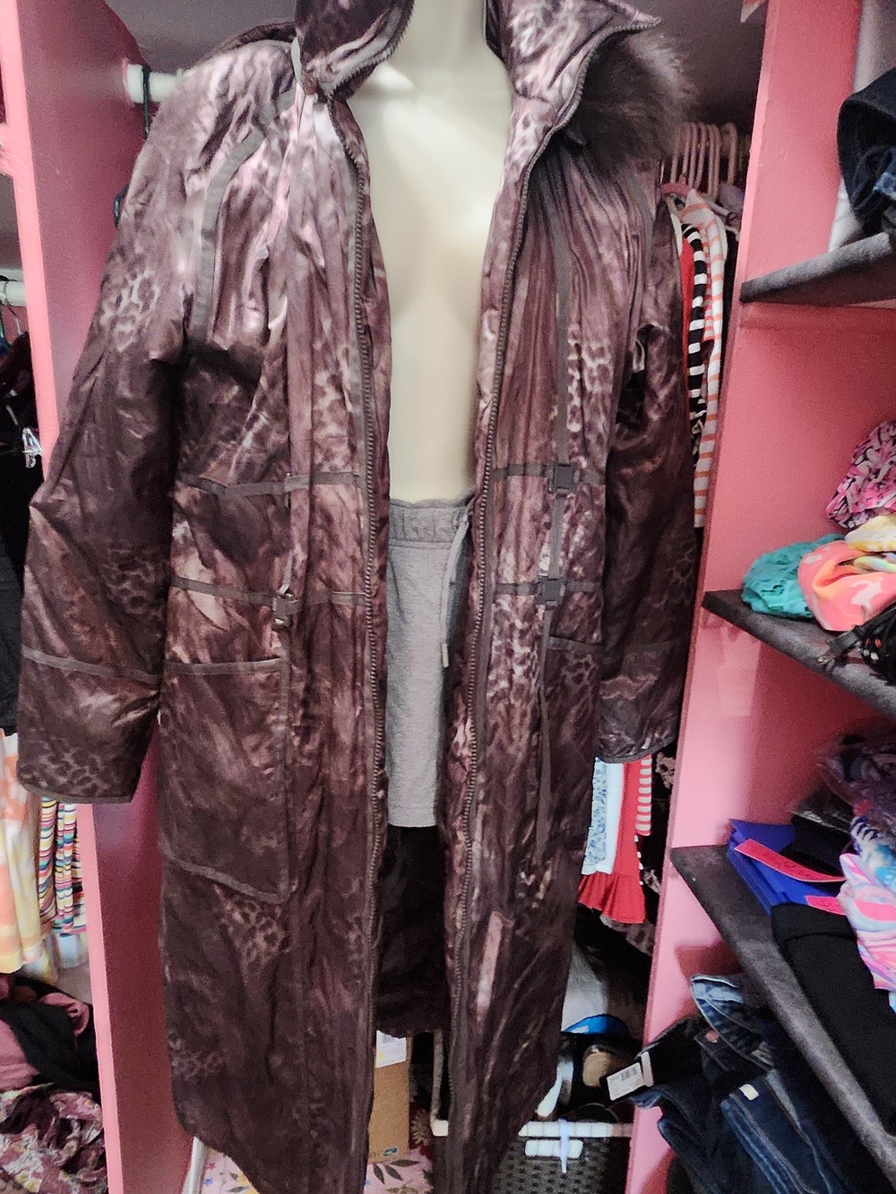 Women's Long Brown Faux-Fur Trim Puffer Coat - Brown